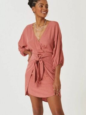 Anthropologie Puff sleeve, Faux Wrap, Tie Front Mini Dress, Sz 14, Euc